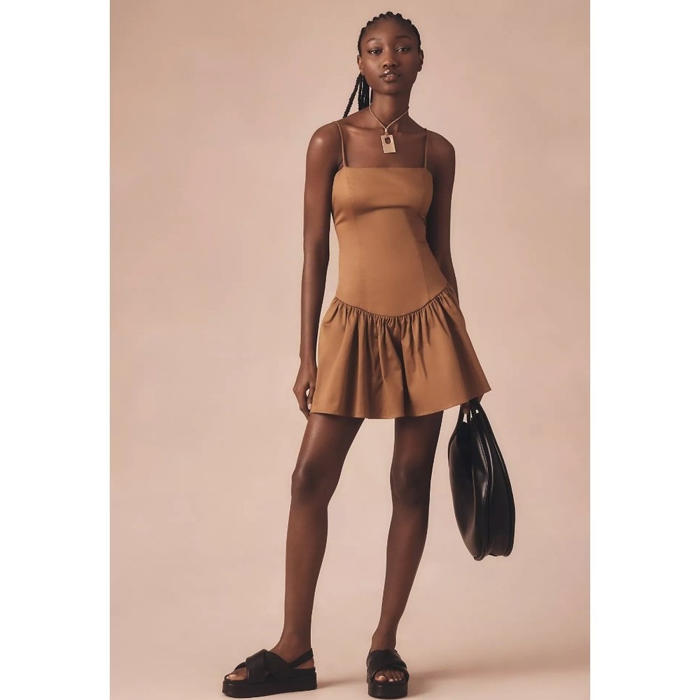 NWT Anthropologie Maeve Brown Drop Waist Open Back Mini Dress S